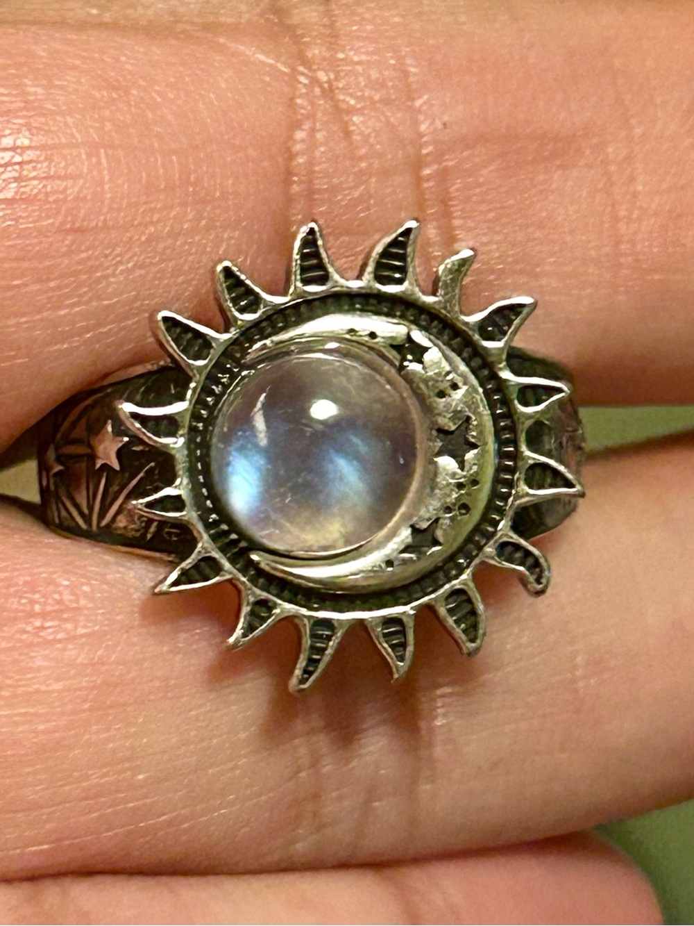 Moonstone Sterling Silver S925 Stamped Band Sun Moon Stars Ring New Jewelry